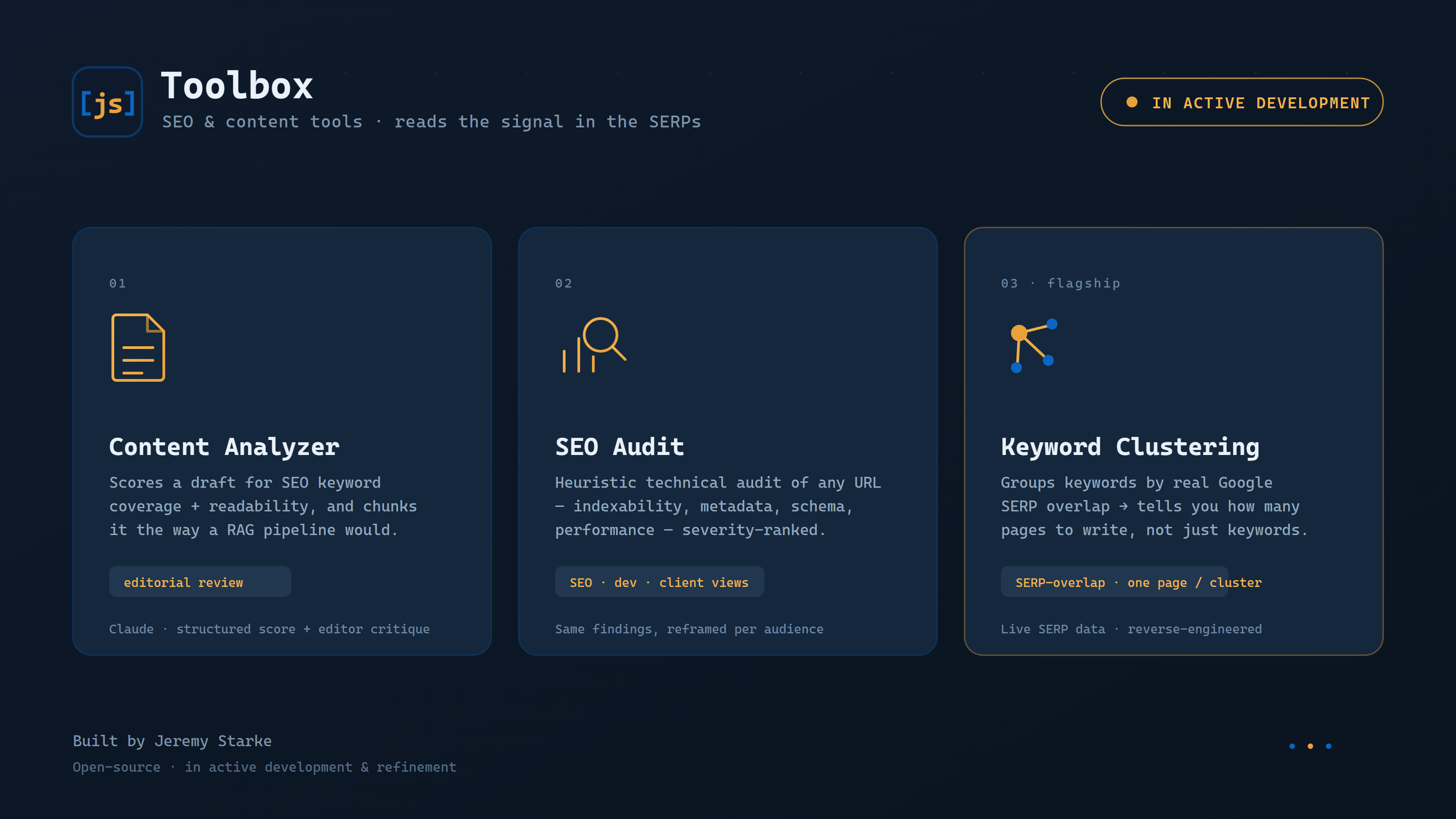 [js] Toolbox — Content Analyzer, SEO Audit, and Keyword Clustering